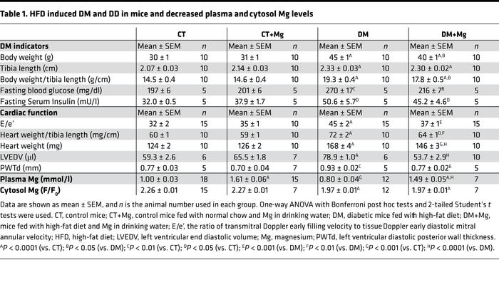 HFD induced DM and DD in mice and decreased plasma and cytosol Mg levels
