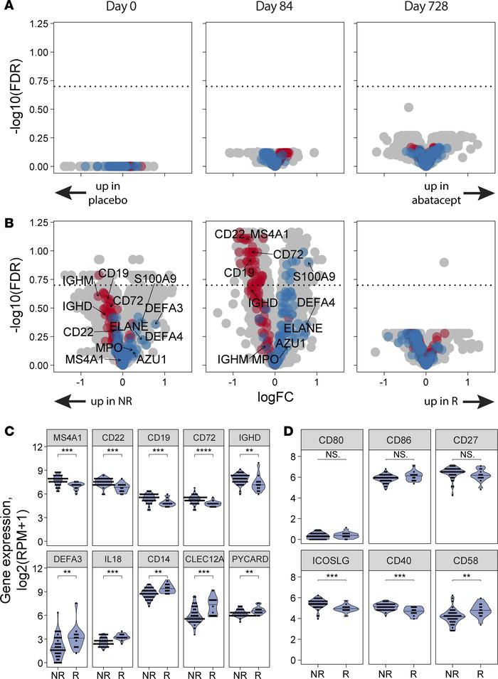 Gene level analysis reveals elevated B cell genes in treated NR subjects...