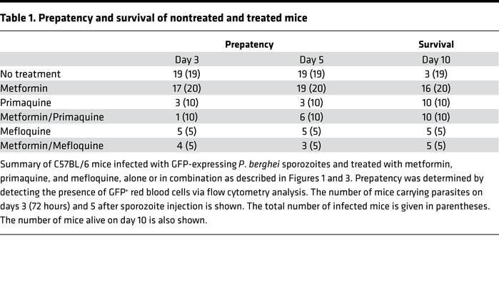 Prepatency and survival of nontreated and treated mice