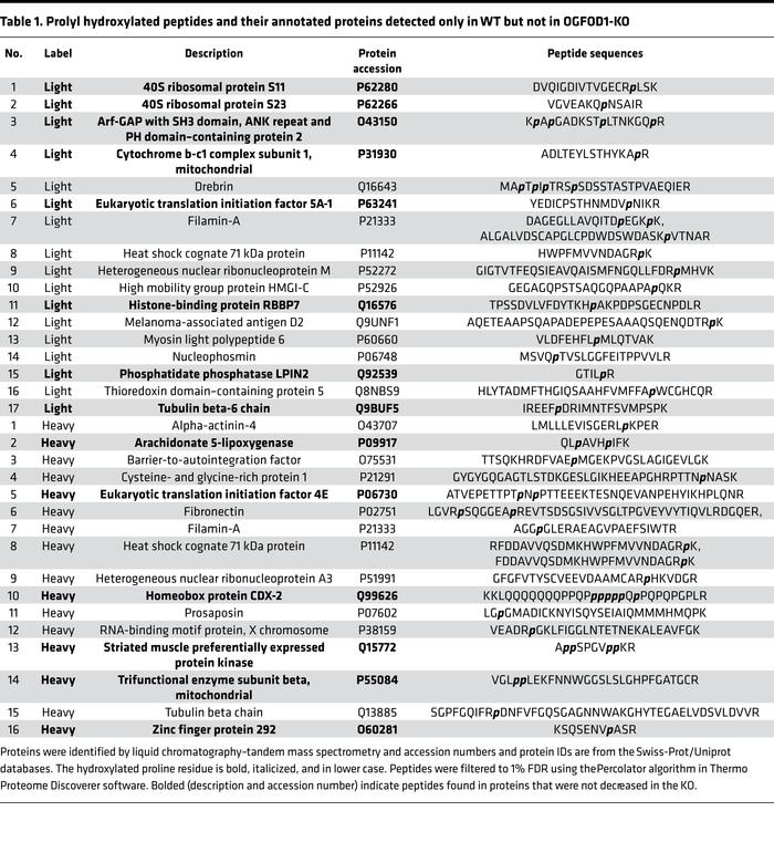 Prolyl hydroxylated peptides and their annotated proteins detected only ...