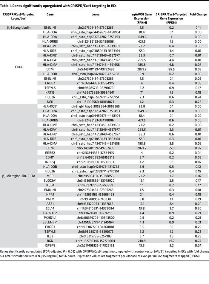 Genes significantly upregulated with CRISPR/Cas9 targeting in ECs