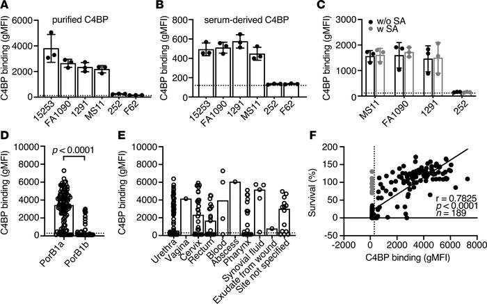 C4BP binds to N. gonorrhoeae.
(A and B) Binding of C4BP from normal huma...