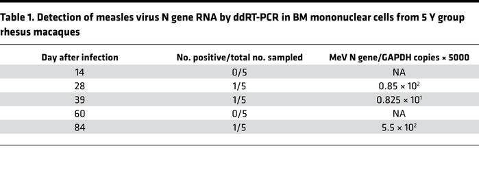 Detection of measles virus N gene RNA by ddRT-PCR in BM mononuclear cell...