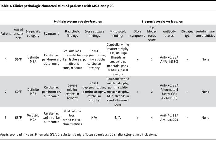 Clinicopathologic characteristics of patients with MSA and pSS