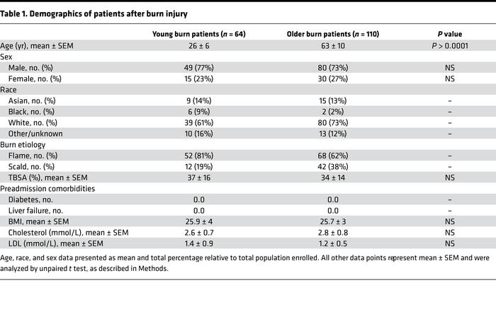 Demographics of patients after burn injury