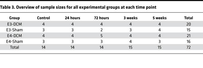Overview of sample sizes for all experimental groups at each time point