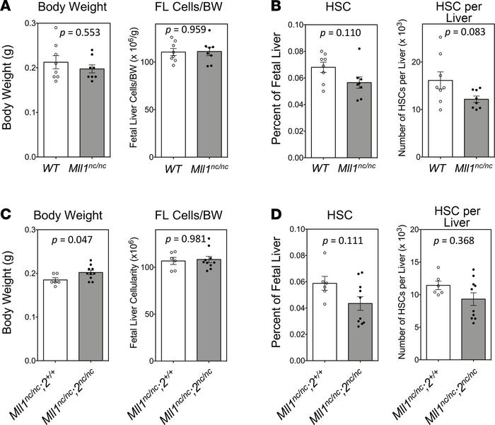 Hematopoietic stem cell quantification of Mll1nc/nc and Mll1nc/nc;2nc/nc...