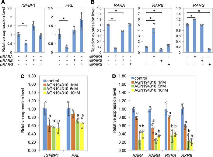 RAR signaling is essential for decidualization of hESCs.
(A and B) Gene ...