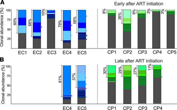 Frequency of dominant proviral clones is higher in ECs.
(A) The majority...