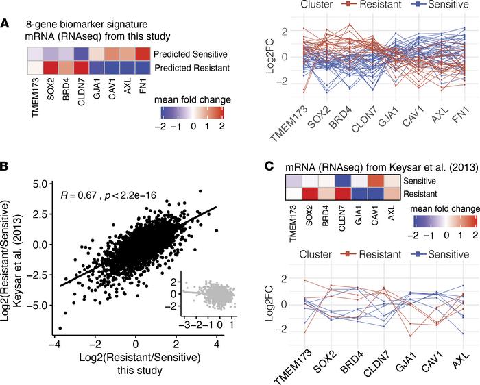 Validation of 8-member biomarker signature in mRNA data sets.
(A) Heatma...