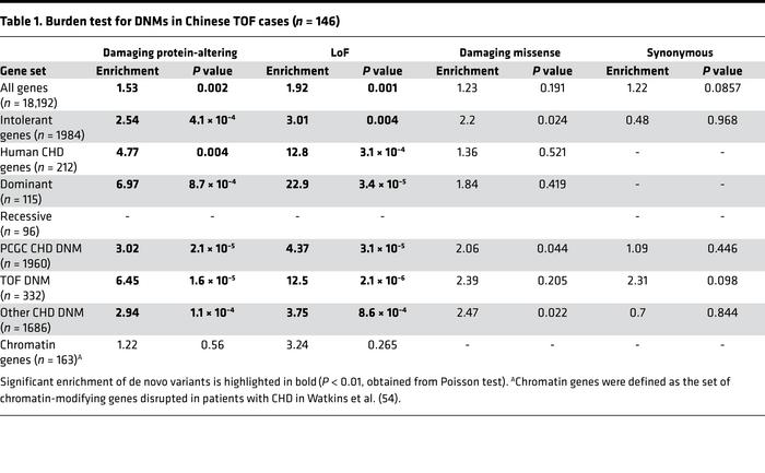 Burden test for DNMs in Chinese TOF cases (n = 146)