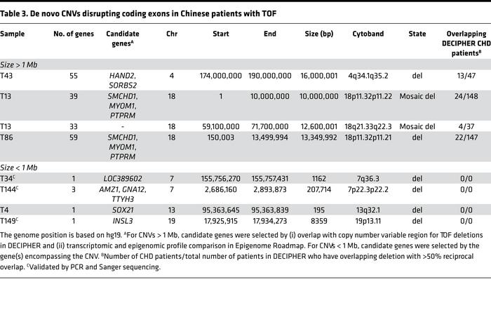 De novo CNVs disrupting coding exons in Chinese patients with TOF
