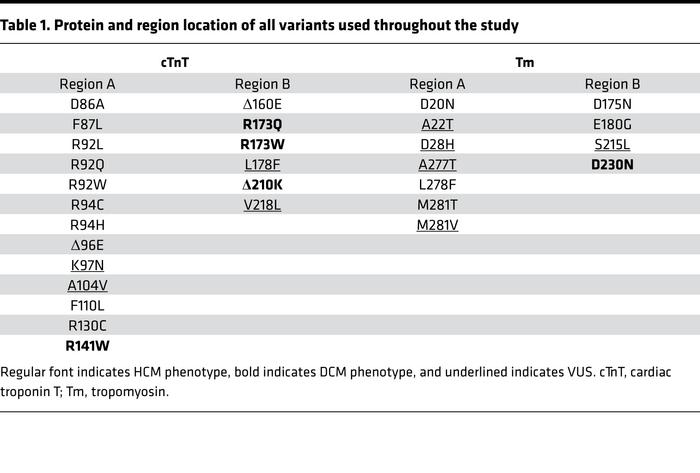 Protein and region location of all variants used throughout the study