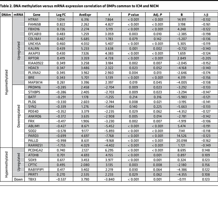 DNA methylation versus mRNA expression correlation of DMPs common to ICM...