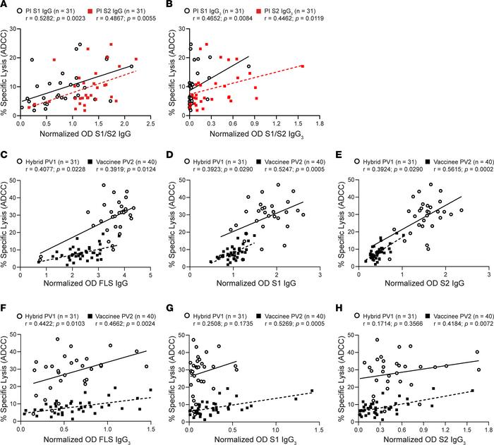 Associations between ADCC and anti–S1/S2 IgG and IgG3 Ab abundance.
(A a...