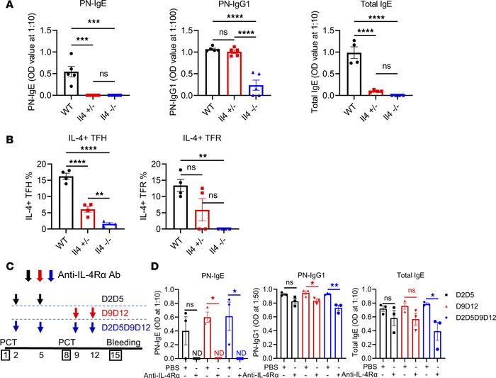 Antigen-specific IgE and IgG1 are differentially affected by IL-4 levels...