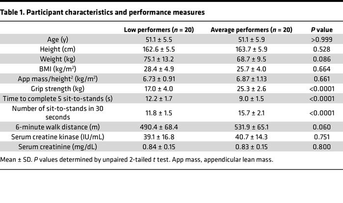 Participant characteristics and performance measures