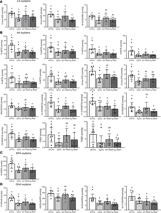 Oxylipin concentrations in brain PL of 15-month-old WT or TgF344-AD (Tg)...