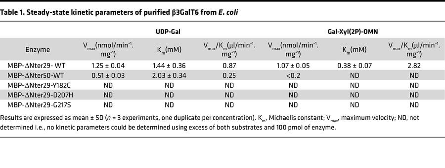 Steady-state kinetic parameters of purified β3GalT6 from E. coli
