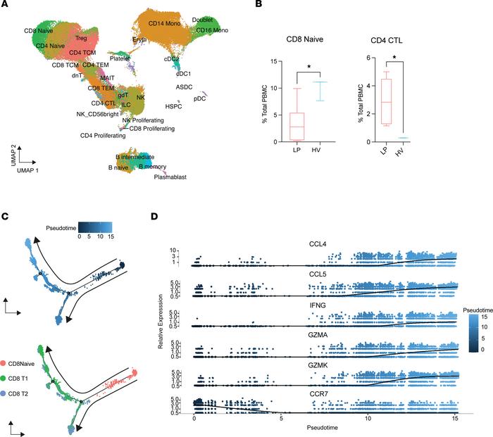 Peripheral naive CD8+ T cells migrate to skin in lichen planus.
(A) Iden...