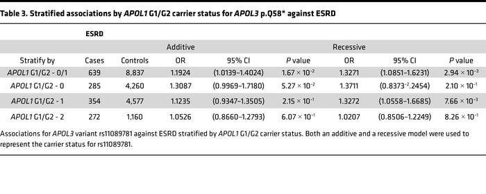 Stratified associations by APOL1 G1/G2 carrier status for APOL3 p.Q58* a...