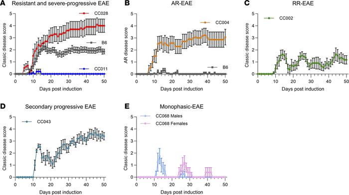 EAE in CC strains captures clinically relevant disease courses.
EAE was ...