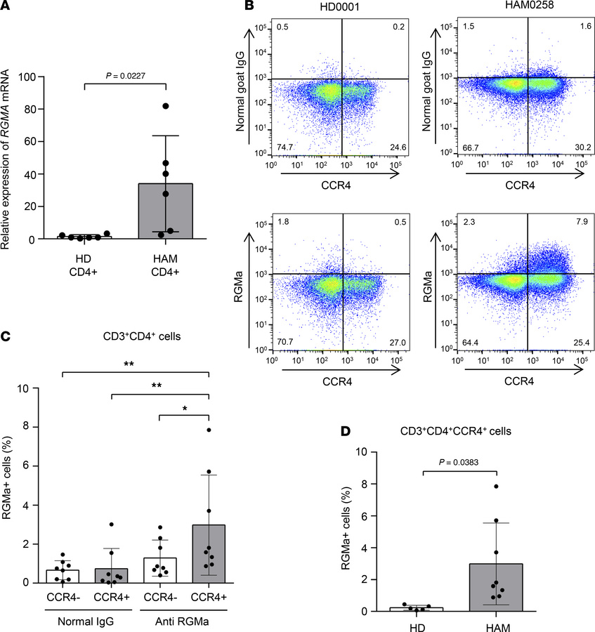 An increase in RGMA gene expression levels in HAM CD4+ T cells.
(A) The ...