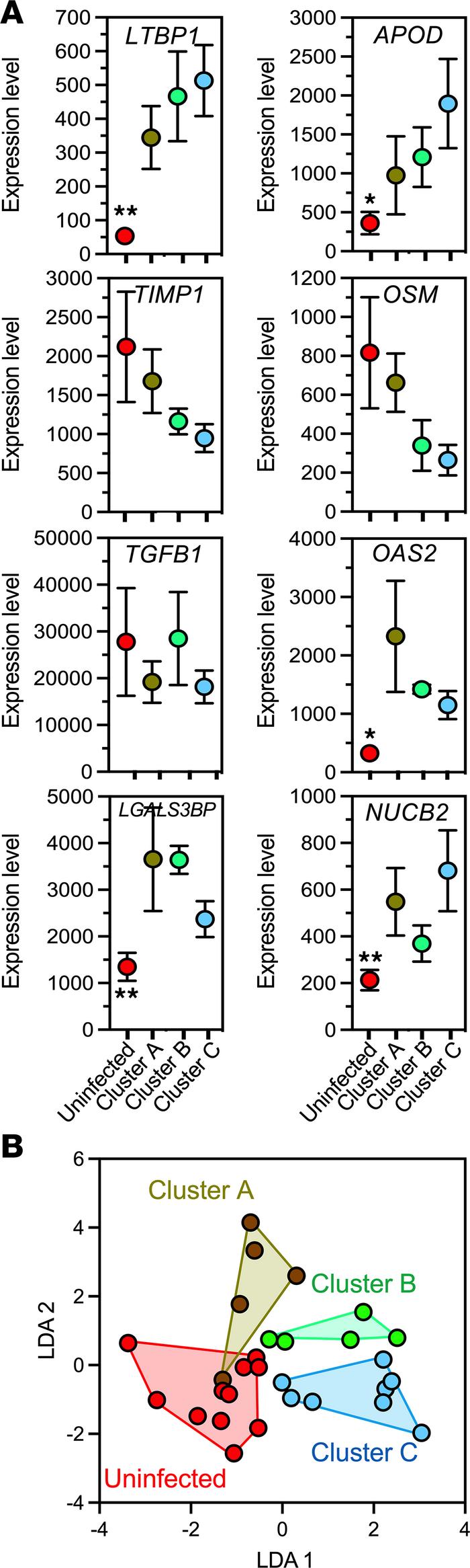 Biomarkers for differential host response to T. cruzi infection.
(A) Exp...