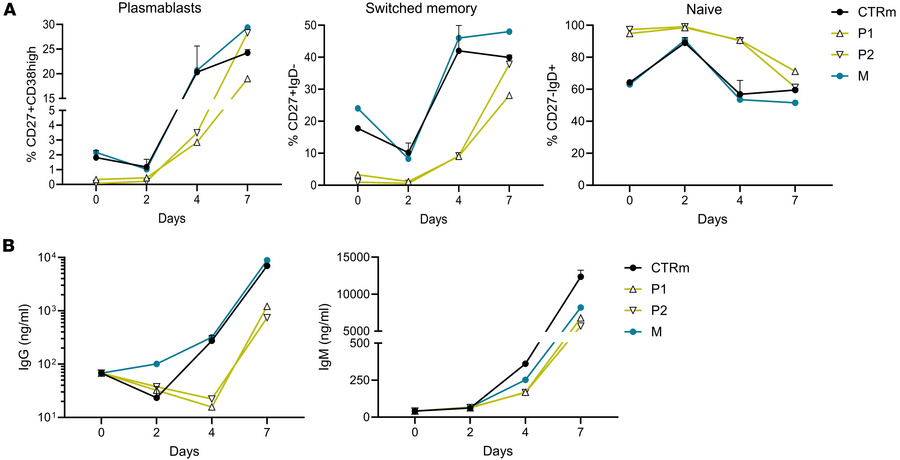 Impaired B cell differentiation, memory and plasmablast formation, and i...