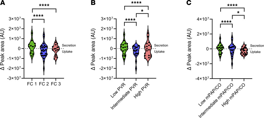 Transpulmonary lactate handling by disease severity during peak exercise...