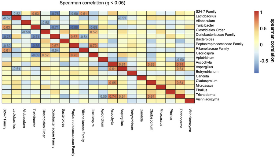 Spearman’s correlation between top 10 fungi and bacteria found in the Ca...
