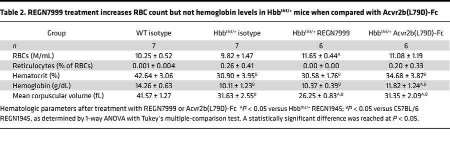 REGN7999 treatment increases RBC count but not hemoglobin levels in Hbbt...