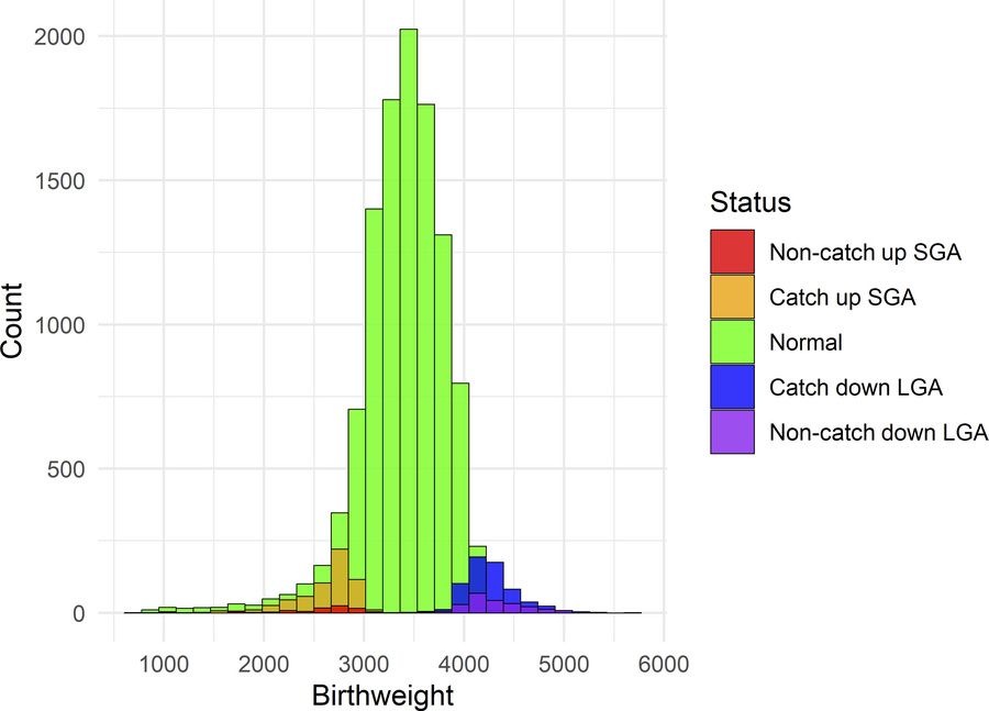 Birthweight histogram.
The distribution of birthweights among the childr...