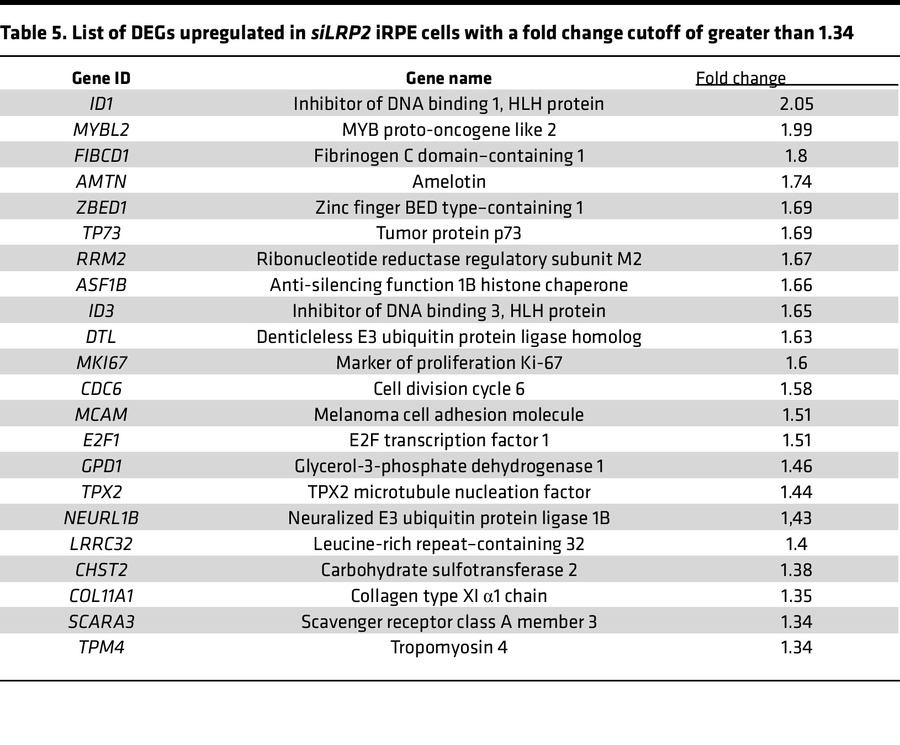 List of DEGs upregulated in siLRP2 iRPE cells with a fold change cutoff ...