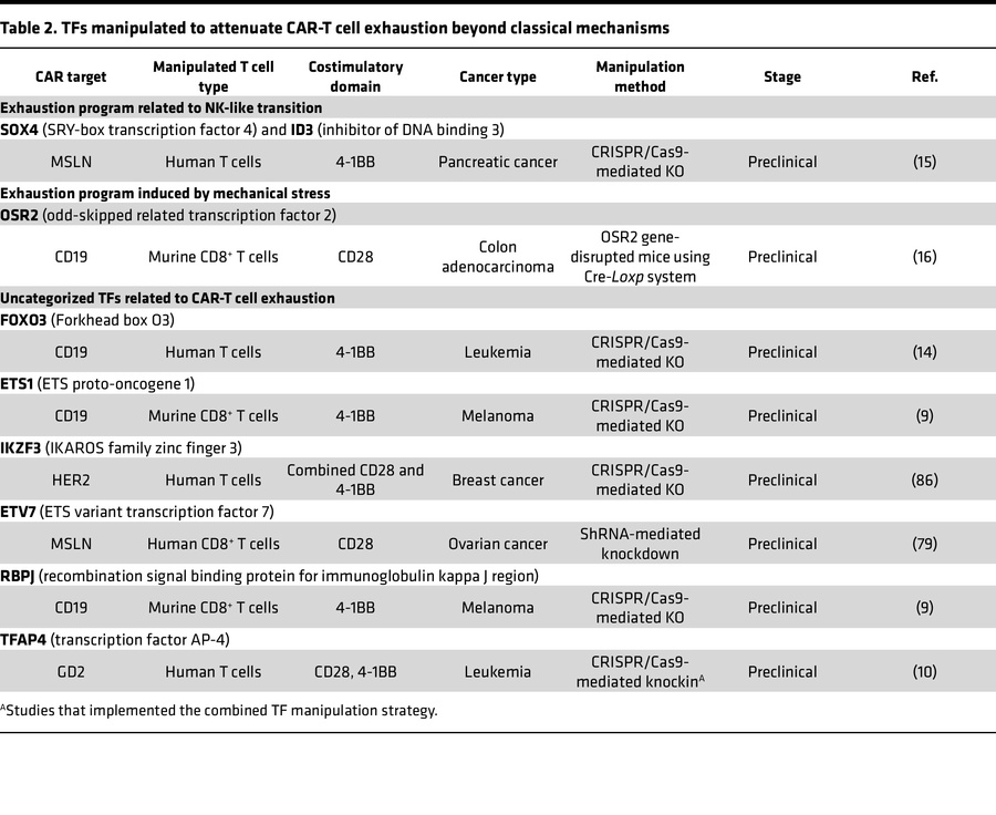 TFs manipulated to attenuate CAR-T cell exhaustion beyond classical mech...