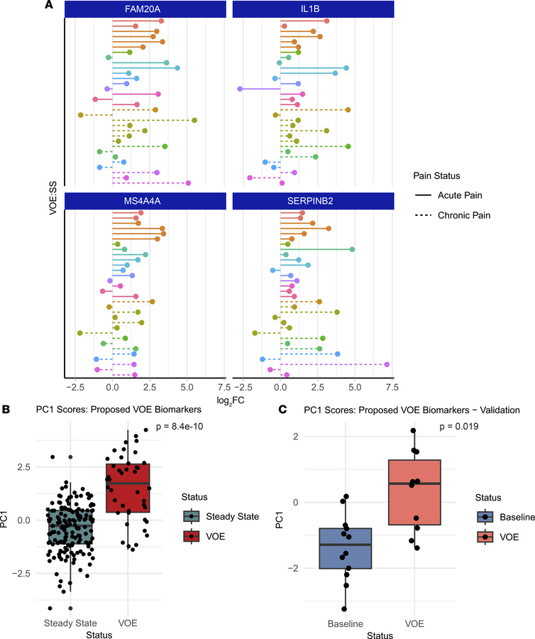 Potential VOE biomarkers.
(A) Lollipop plots depicting the expression ch...