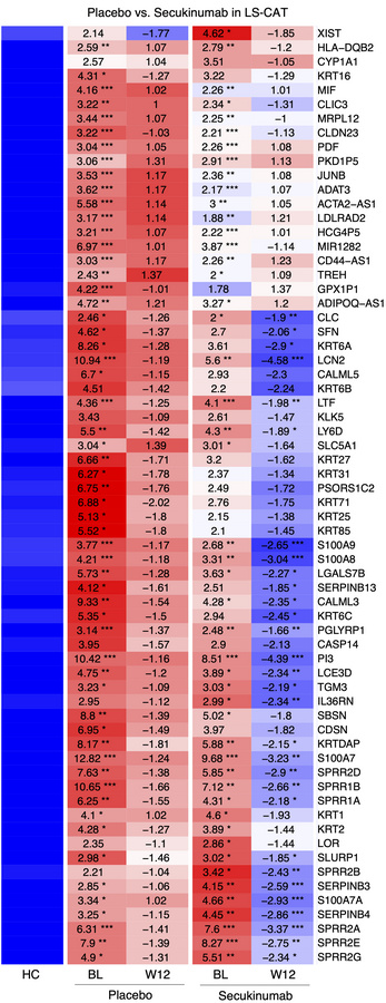 The top upregulated transcripts of LS-CAT in the placebo vs. secukinumab...