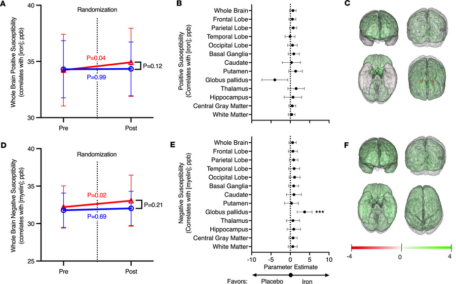 Effect of iron repletion on iron and myelin levels in brain regions of i...