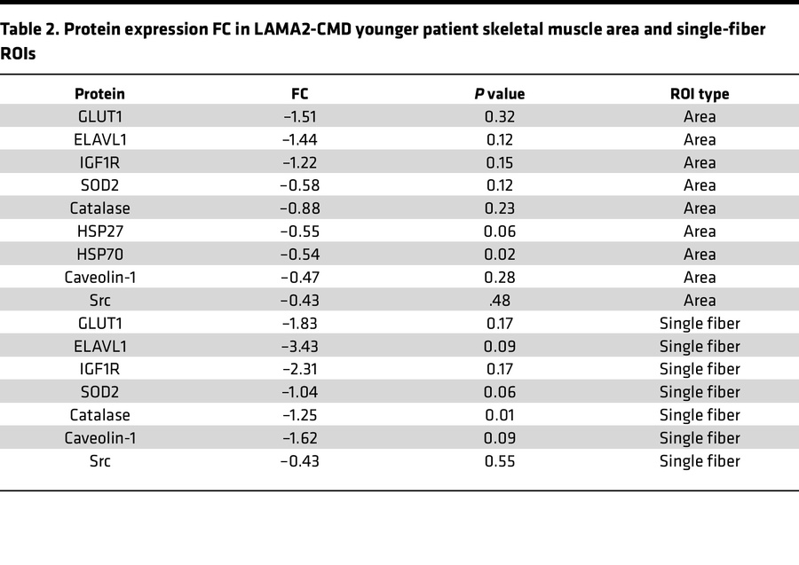 Protein expression FC in LAMA2-CMD younger patient skeletal muscle area ...