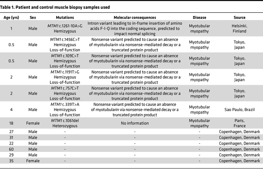 Patient and control muscle biopsy samples used