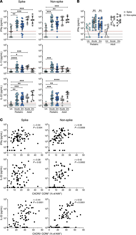 SARS-CoV-2–specific CD4+ T cell cytokine secretion in children.
(A) Spik...
