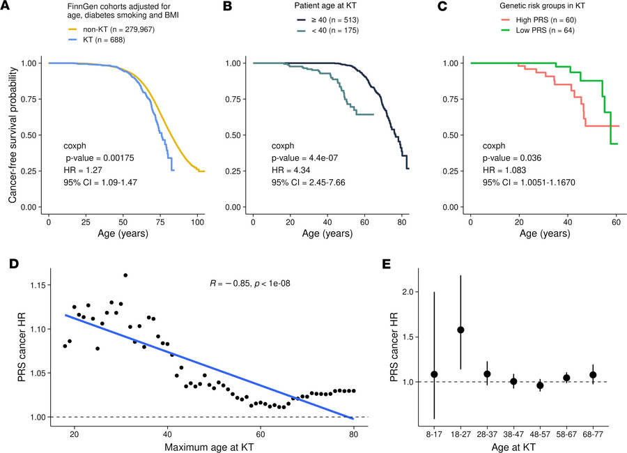 Cancer risk in KT recipients.
(A) Kaplan-Meier survival curves for the t...