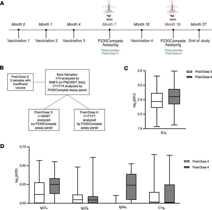 P230Compete pilot study of human serum from Pfs230D1 trial.
(A) Samples ...