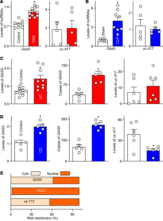 Mucosal GAS5/Gas5 expression in the intestine associated with various pa...