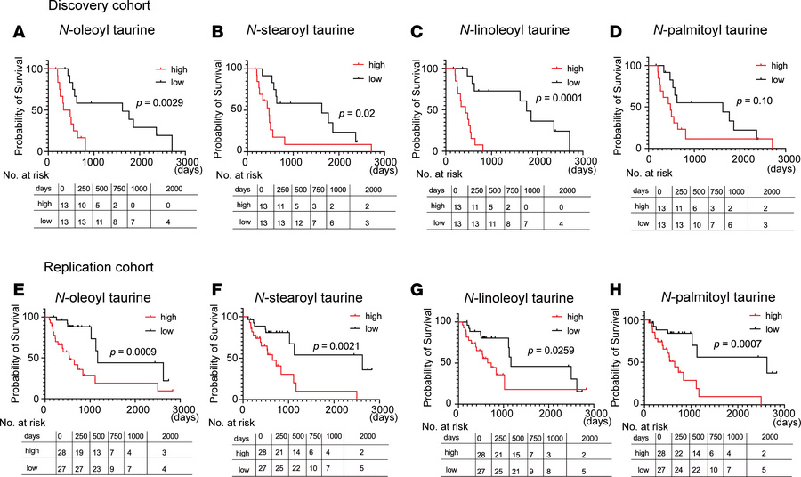 Kaplan-Meier survival curves based on serum N-acyl taurine levels in the...