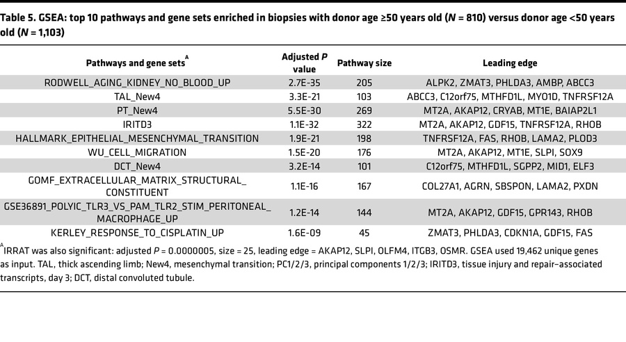 GSEA: top 10 pathways and gene sets enriched in biopsies with donor age ...