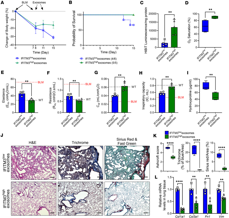 Treatment with IFITM3-containing exosomes decreases PF and improves surv...