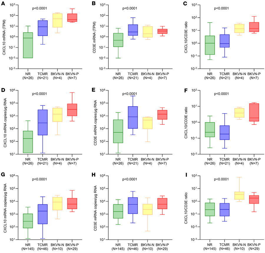 Box-and-whisker plots of CXCL10 mRNA, CD3E mRNA, and CXCL10 mRNA to CD3E...