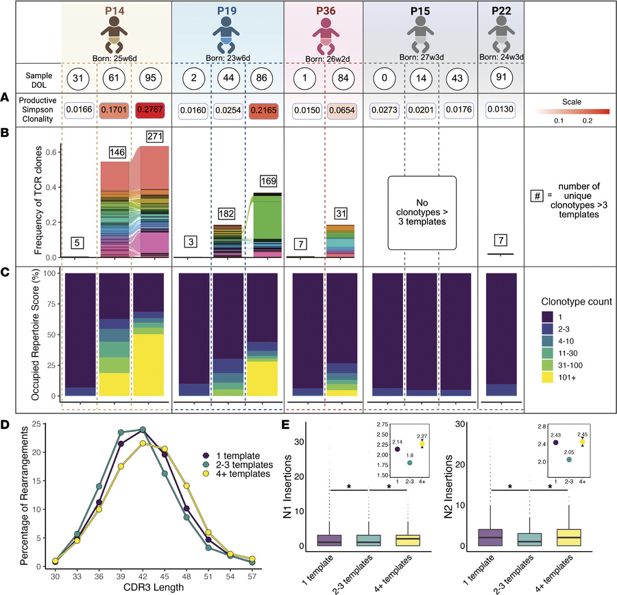 Massive first-in-life T cell reaction is oligoclonal.
TCR-seq analysis o...