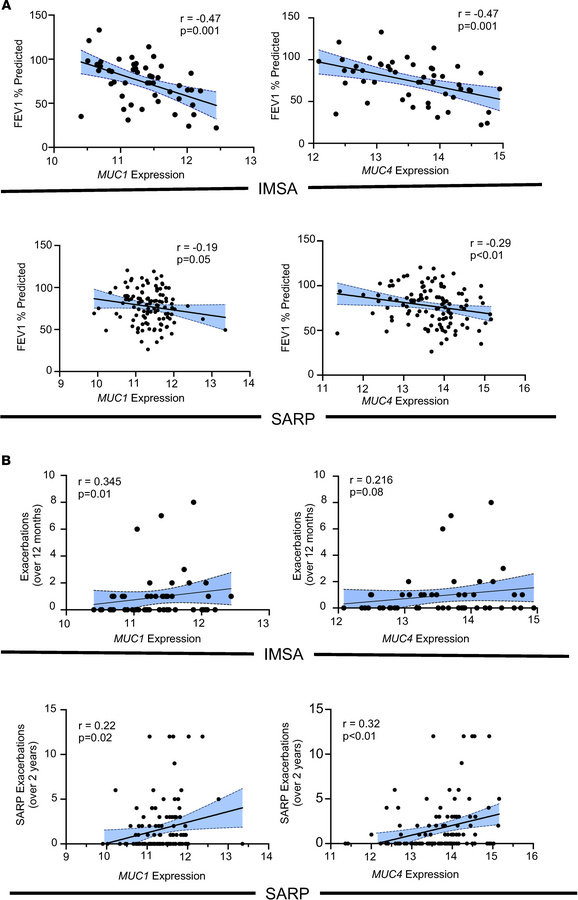 Asthma clinical correlations with MUC1 and MUC4 expression.
(A) FEV1% pr...